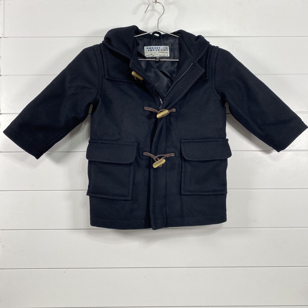 Nordic Country Coat Boys Size 5 Navy Blue Wool Hooded Toggle Duffle Jacket Warm